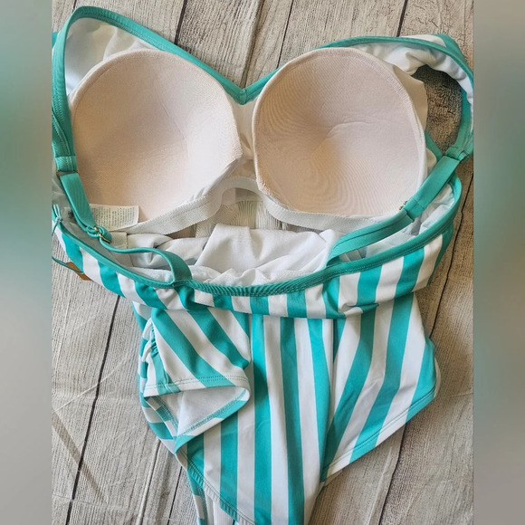 Kona Sol •Plus Size 24• V-neck Striped Turquoise White One Piece Swimsuit NWT - Picture 6 of 10